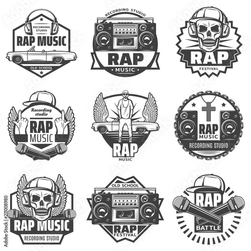 Vintage Monochrome Rap Music Labels Set