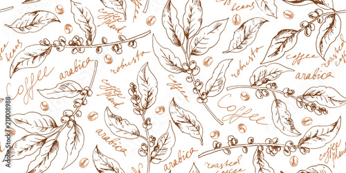 Botanical seamless pattern with coffee branches and beans
