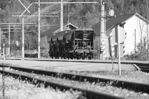 Black and white  Bogies on railway through Obertraun village