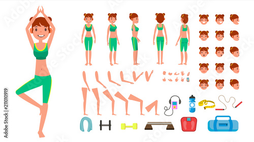 Yoga Woman Vector. Prenatal Yoga Animated Character Creation Set. Woman Full Length, Front, Side, Back View, Accessories, Poses, Face Emotions, Gestures. Isolated Flat Cartoon Illustration