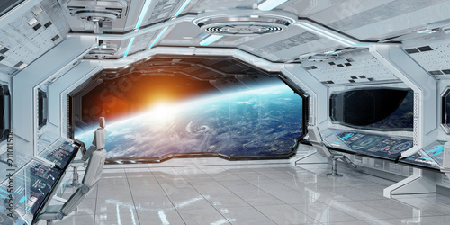 Fototapeta Naklejka Na Ścianę i Meble -  White clean spaceship interior with view on planet Earth 3D rendering