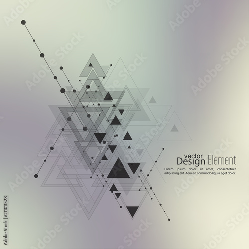 Abstract vector background with geometric shapes intersecting. Diagonal lines with dots and translucent triangles. Techno design. Technology and  Future. Color gradient. Colorful defocus