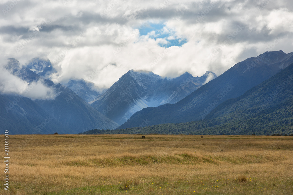 Clouds over the mountains in New Zealand