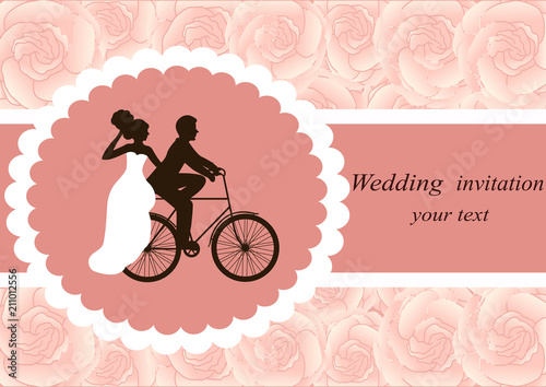 Invitation card with the bride and groom on a floral background.