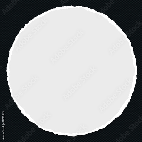 Torn round white blank note, notebook paper stuck on black squared background.