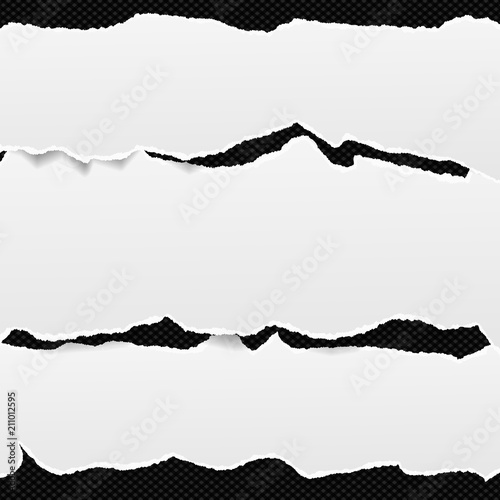 White oblong paper strips placed one over another with torn edge in horizontal position, paper for note are on black squared background. Vector illustration
