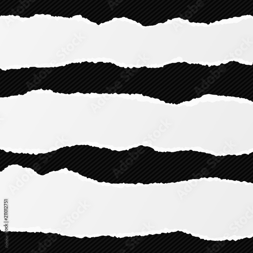 White oblong paper strips with torn edges in horizontal position, paper for note are on black lined background. Vector illustration