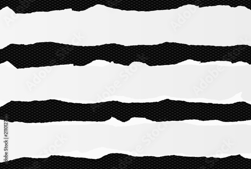 White oblong paper strips with torn edges in horizontal position, paper for note are on black squared background. Vector illustration