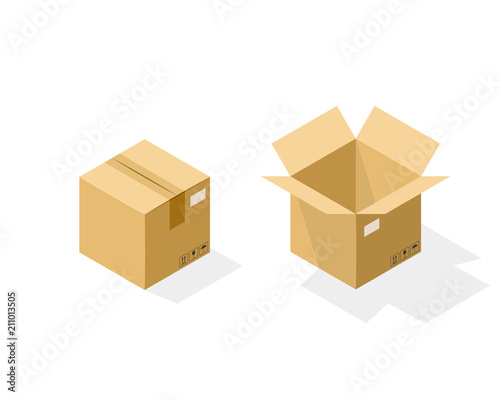 Isometric cardboard boxes vector illustration. Realistic delivery parcel carton open and closed box icon set.