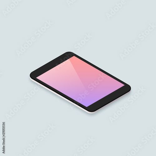 Isometric vector tablet illustration. Realistic shiny tablet pad mockup template with blank screen.