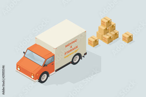 Isometric truck and boxes vector illustration. Realistic style moving and storage / delivery service flat design concept.