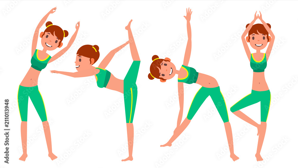 Yoga Woman Poses Set Vector. Girl. Yoga Poses. Doing Yoga Workout. Flat Cartoon Illustration