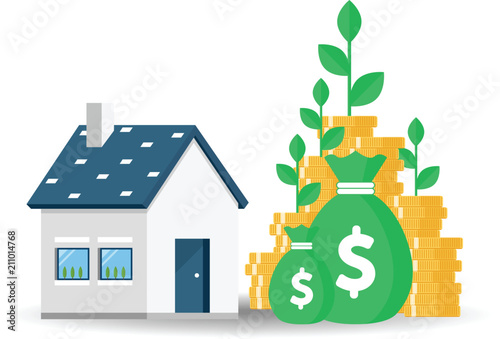 House with stack of coins. Flat design real estate business concept. Vector illustration