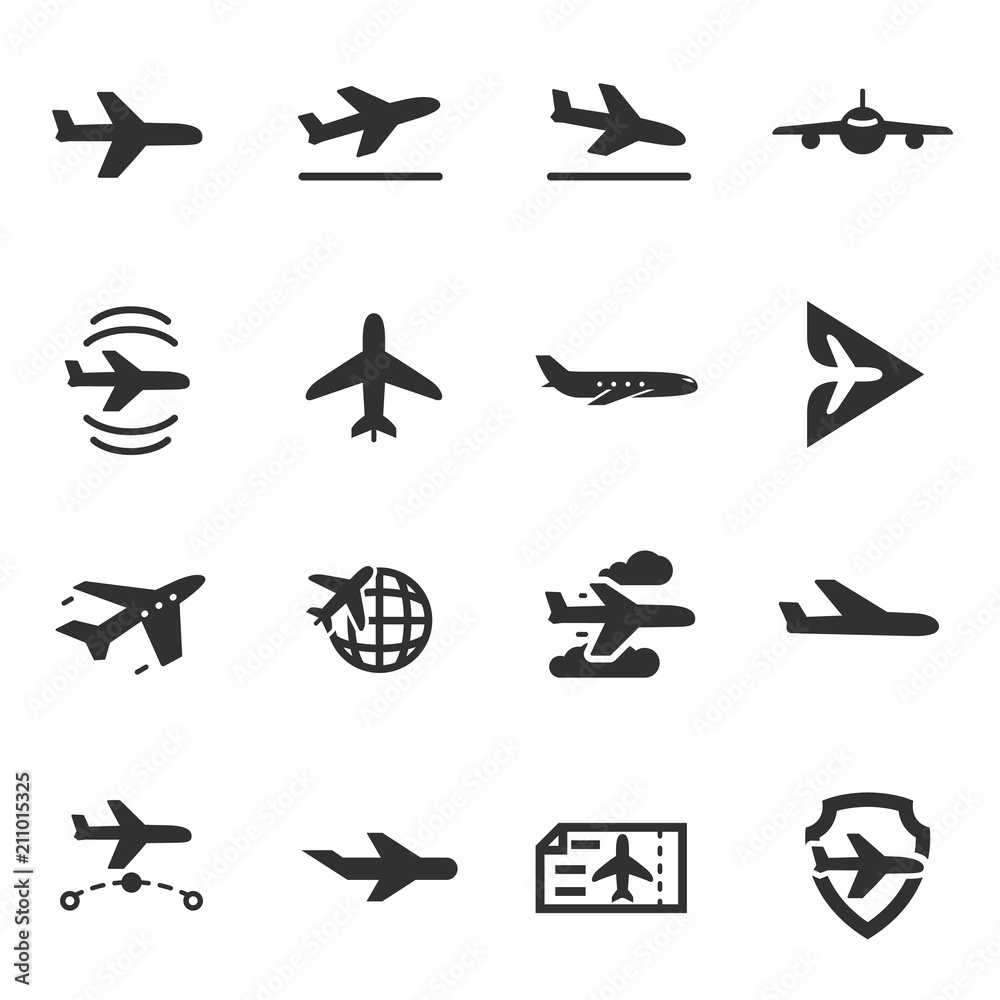 Fototapeta Plane, passenger airplane, monochrome icons set. aircraft, simple symbols collection