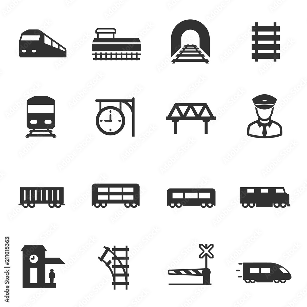train and railways, monochrome icons set. intercity, international, freight trains, simple