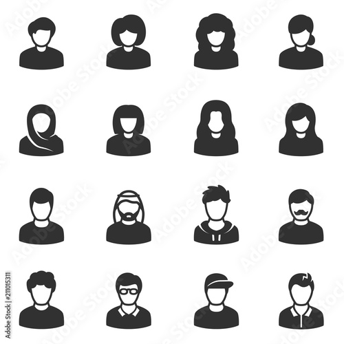 Male and female avatars, monochrome icons set. People, simple symbols collection