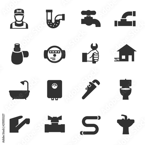 plumbing, monochrome icons set. Sewerage, simple symbols collection