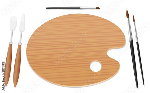 Table setting with an artists palette, paintbrushes and spatulas instead of plate and cutlery. Symbol for enjoyment of art, desire to paint, appetite for creativity. Isolated vector on white.