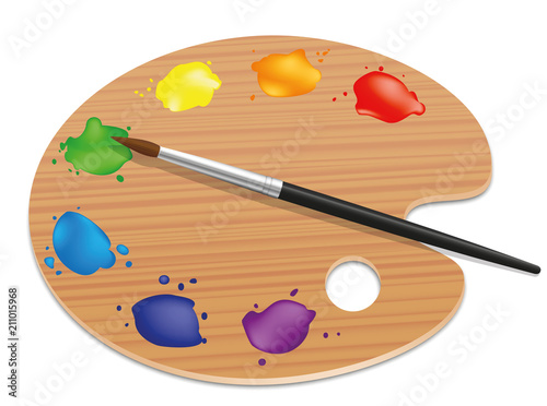 Artists palette. Painting wood board with different colors and a paintbrush. Isolated vector illustration on white background.
