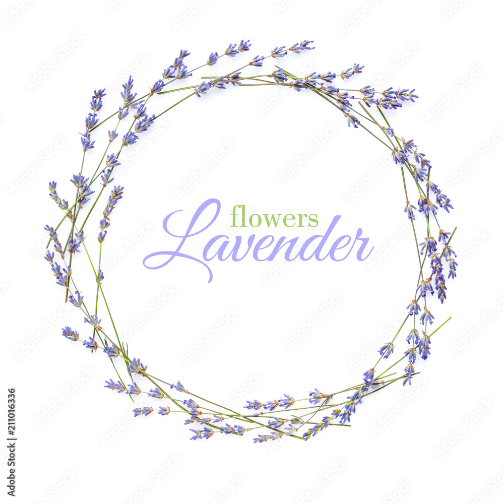 Obraz premium Kwiaty lawendy ułożone w okrąg z miejsca na tekst na białym tle