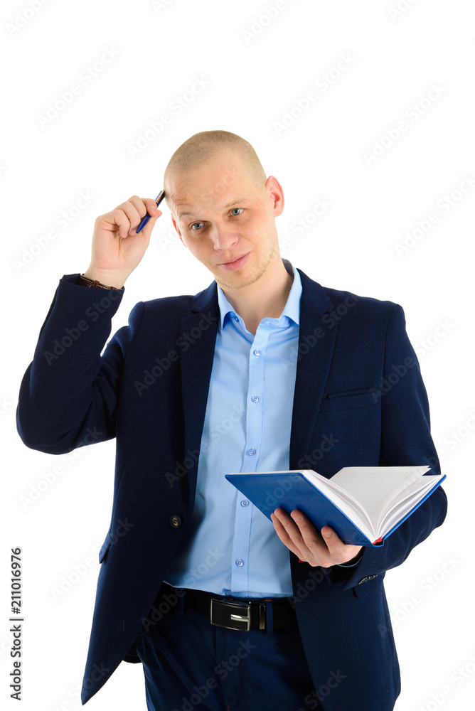 Portrait of a concentrated man in suit holding notebook and thinking, isoalted on white background. Portrait of a concentrated man in suit holding notebook and thinking, isoalted on white background.