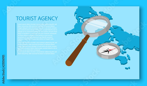 Tourist agency background with world map and magnifier.