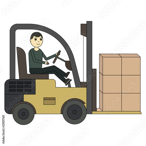 Forklift truck. Fork loader, pallet with stacked boxes