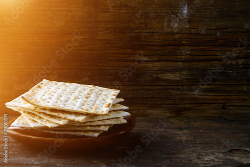 Traditional Jewish kosher homemade matzah or matzo, unleavened b photo