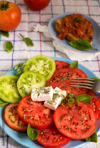 Vorspeise von roten und grünen Tomaten mit Schafskäse