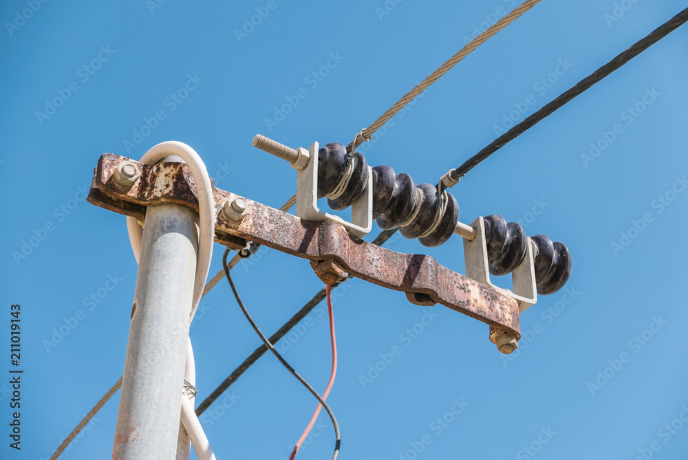 Closeup of a residential electricity line showing the dropwire from the main supply, Malta Closeup of a residential electricity line showing the dropwire from the main supply, Malta