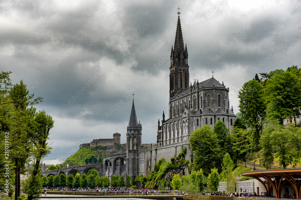 view of the basilica of Lourdes, France. view of the basilica of Lourdes, France.