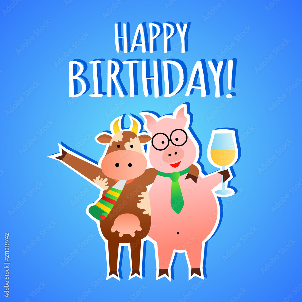 Funny vector birthday greeting card with animals