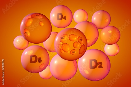 Transparent orange vitamin D2, D3, D4 pills. Ergocalciferol, cholecalciferol and dihydroergocalciferol capsules. Vitamin and mineral complex. 3d illustration