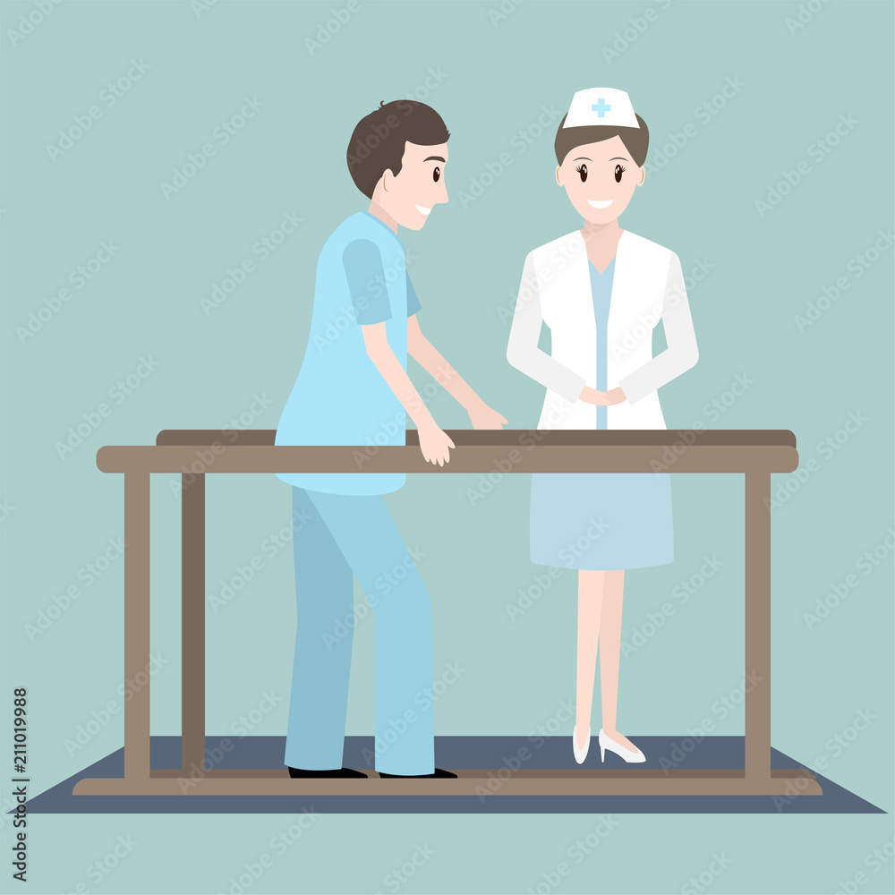 Physical exercise rehabilitaion of patient and nurse icon illustration Physical exercise rehabilitaion of patient and nurse icon illustration