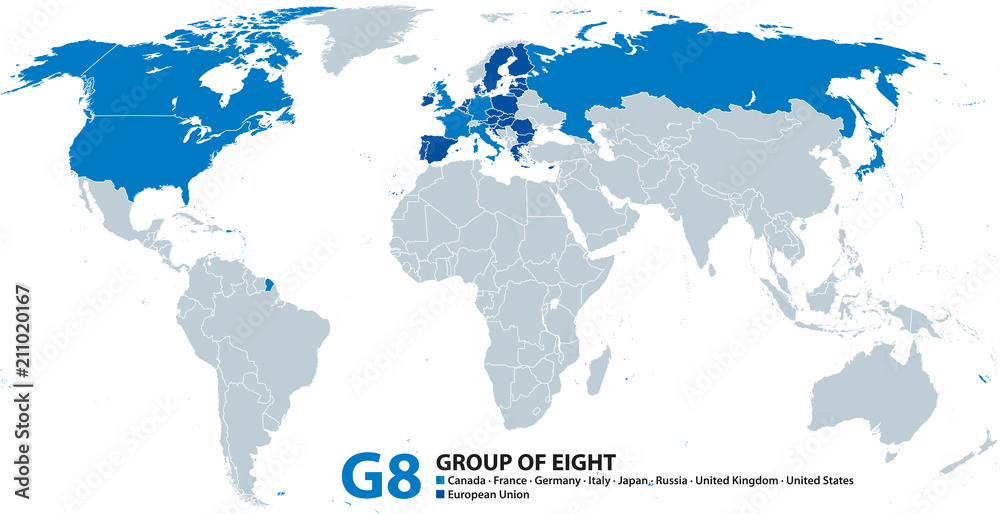 G8, Group of Eight, infographic and map. Reformatted as G7 after suspending Russia. Canada, France, Germany, Italy, Japan, United Kingdom, United States. Also represented by the European Union. Vector