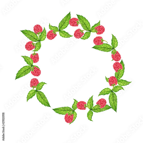Fresh raspberry and green leaves round frame isolated on white background. Hand drawn watercolor illustration.