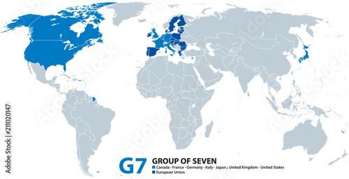 G7, Group of Seven, infographic and map. Worlds largest advanced economies. Canada, France, Germany, Italy, Japan, United Kingdom and United States. Also represented by the European Union. Vector.
