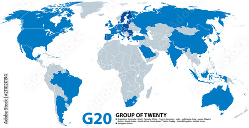 G20  Group of Twenty  infographic and map. Forum to discuss the promotion of international financial stability. Twenty individual countries and the not individually represented European Union. Vector.