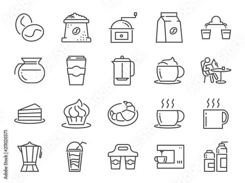 Coffee shop icon set. Included icons as cafe, coffee beans, coffee maker, machine, espresso, latte, glass pot and more.