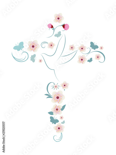 Elegant vector Christian cross isolated with dove pink flowers and butterflies