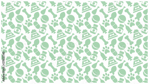 pet attributes. green objects on white horizontal background. feed, play, care. vector