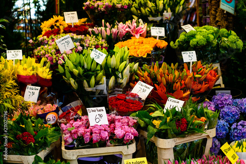 Colorful beautiful fresh flowers for sale on the market in Amste photo