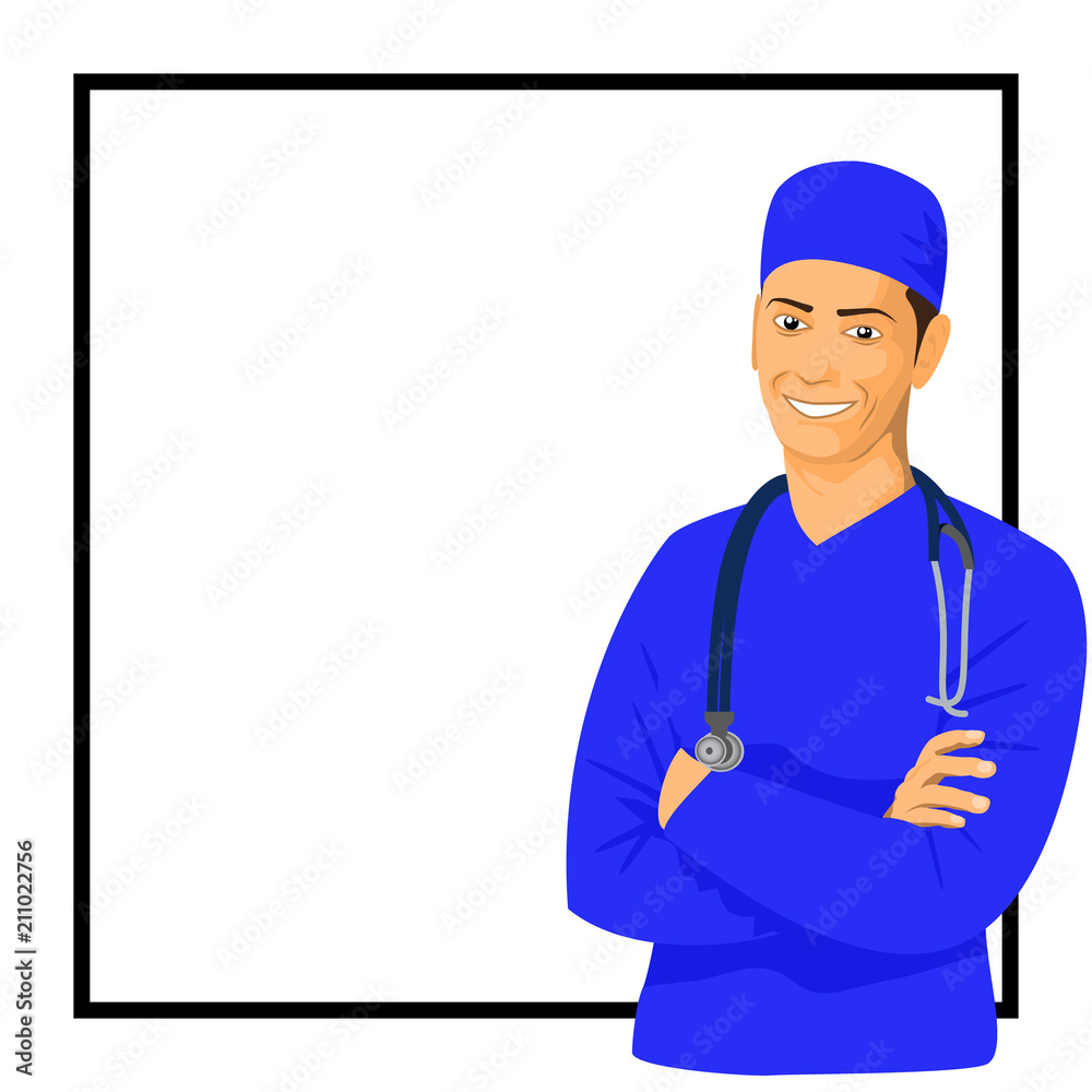 Cheerful surgeon standing with arms crossed in medical uniform. Happy smiling surgeon with a stethoscope on his neck. Cheerful surgeon standing with arms crossed in medical uniform. Happy smiling surgeon with a stethoscope on his neck.