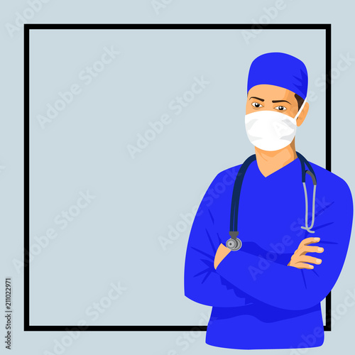 A cheerful surgeon standing with arms crossed in a medical uniform and a mask on his face. Happy smiling surgeon with stethoscope on neck.