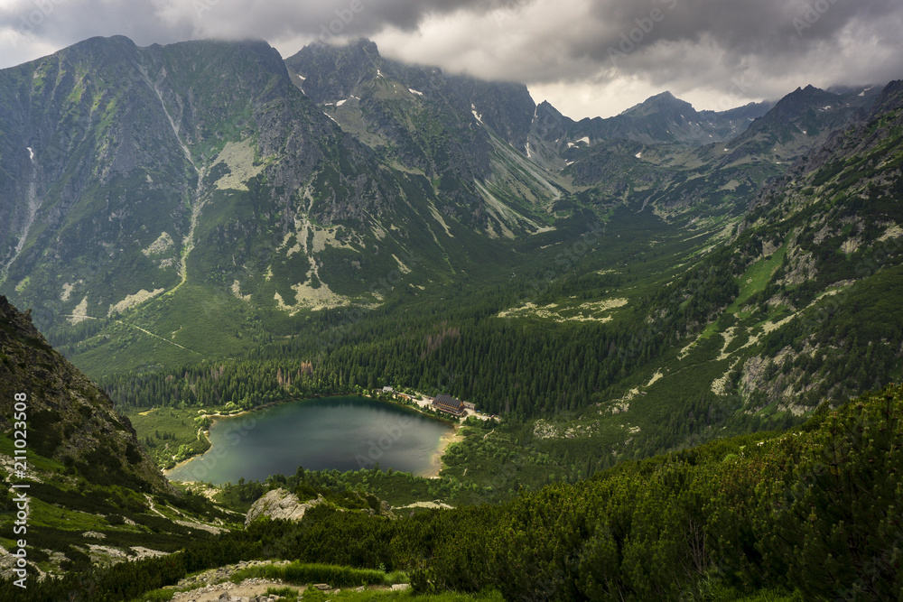 Slovakia. High Tatras. Popradske Pleso mountain lake and surrounding peaks.