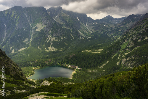 Slovakia. High Tatras. Popradske Pleso mountain lake and surrounding peaks.
