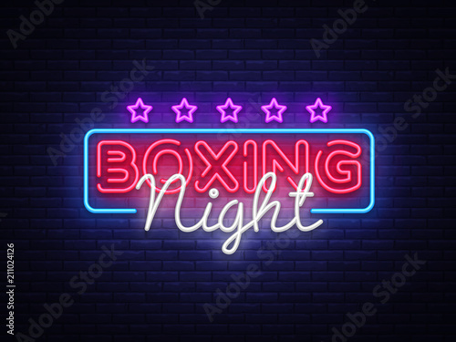 Boxing Night Neon sign vector design template. Boxing neon logo, light banner design element colorful modern design trend, night bright advertising, bright sign. Vector illustration