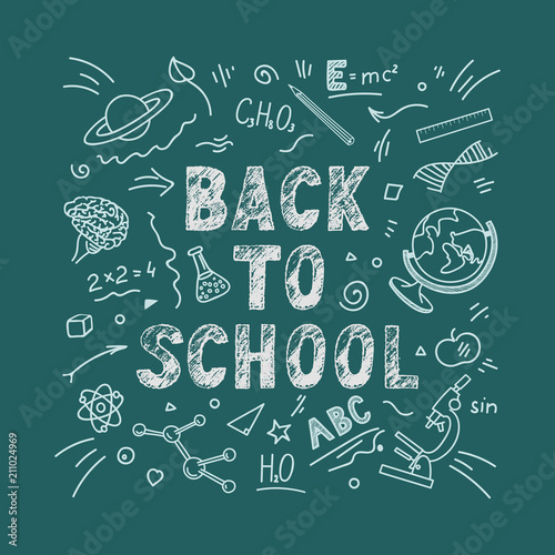 Back to school. Lettering with education doodles on teal background. Vector illustration.