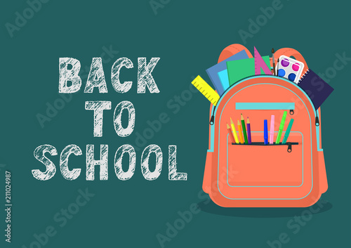 Back to school. Open school backpack full of stationery with hand written lettering on teal background. Vector illustration.