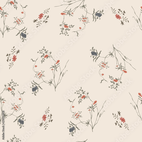 Red  blue flowers. Seamless pattern repeat. Cute Floral pattern in the small flower. Motifs scattered random. Seamless vector texture. Elegant template for fashion prints.